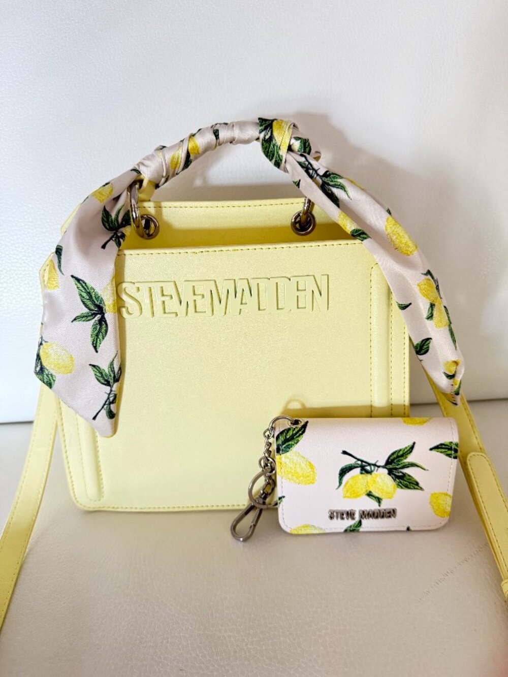 NWT STEVE MADDEN BEVELYN SCARF SATCHEL CROSSBODY BAG LEMON SCARF WALLET YELLOW